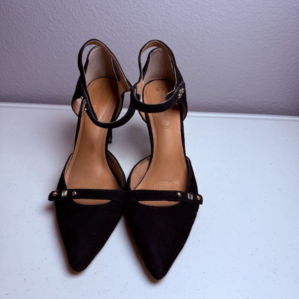 Corso Como Size 9 Heels Black Studded Shoes Ankle Strap Pointed Toe - Picture 3 of 7